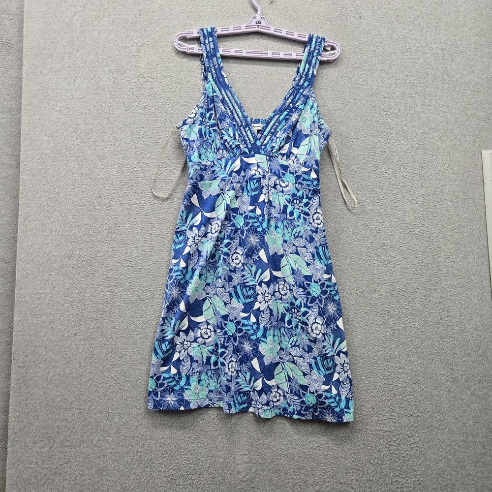 Tommy Bahama Women Dress L Blue Floral Mini Fit & Flare Tropical Smocked V Neck